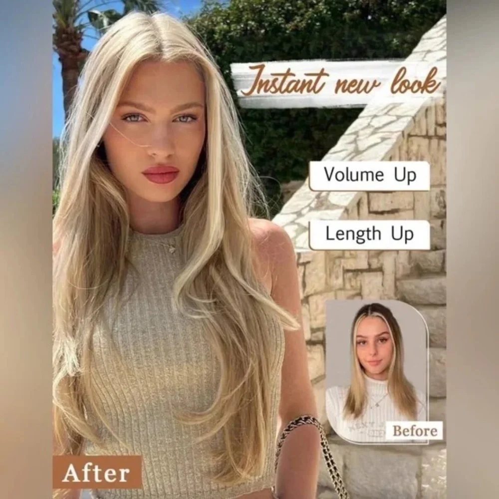 18” Halo Clip-In Hair Extension Brown & Blonde Highlights Balayage - Picture 3 of 7